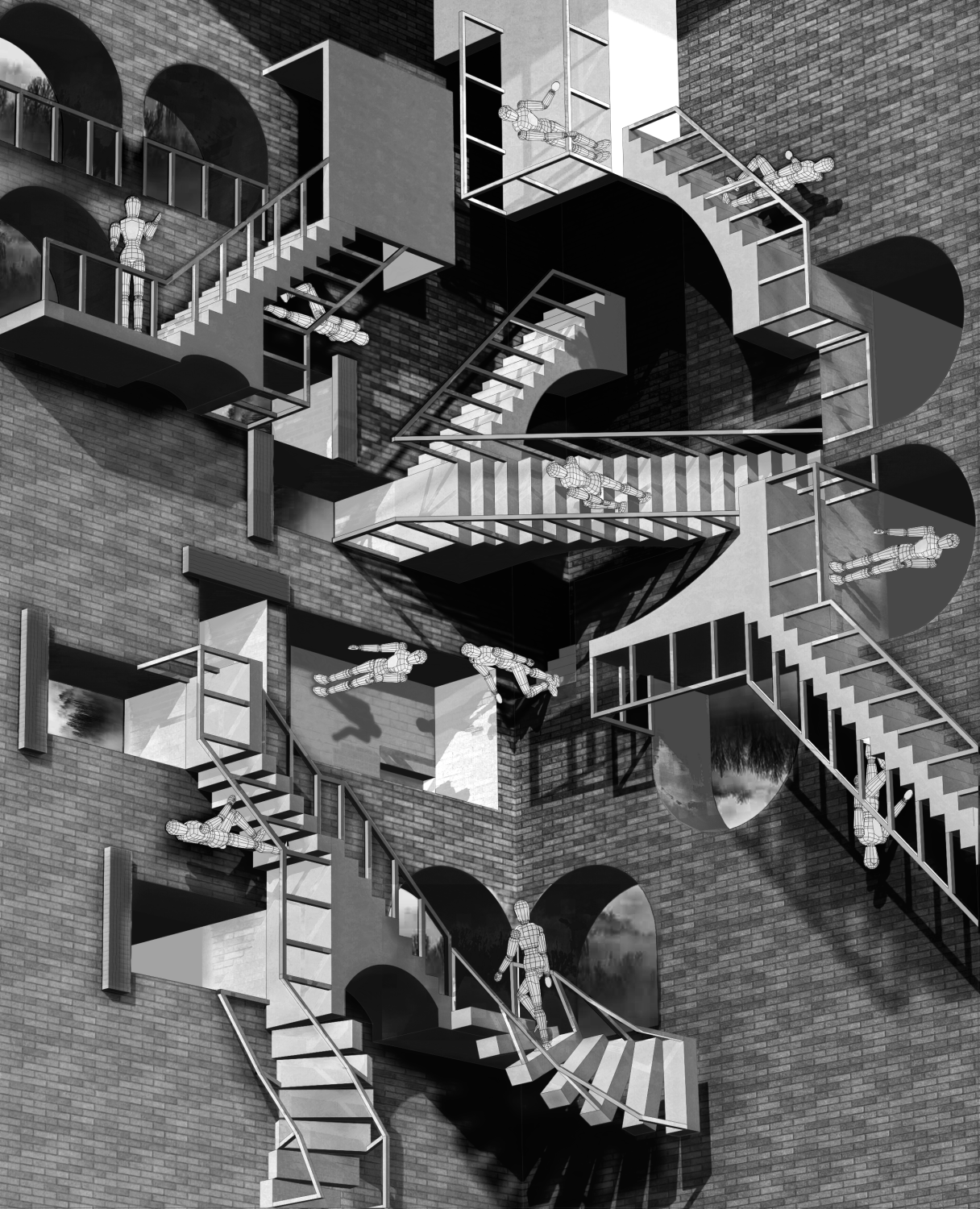 Stairs coil into themselves like thoughts that cannot escape their own corridors. Figures drift, untethered from weight, repeating gestures that forget their origin. Through the arches, the sky is a rumor—shifting, retreating, never landing in the eye. Space folds, time circles, and every ascent is already a descent. Here, there is no arrival, only the quiet machinery of endless becoming.