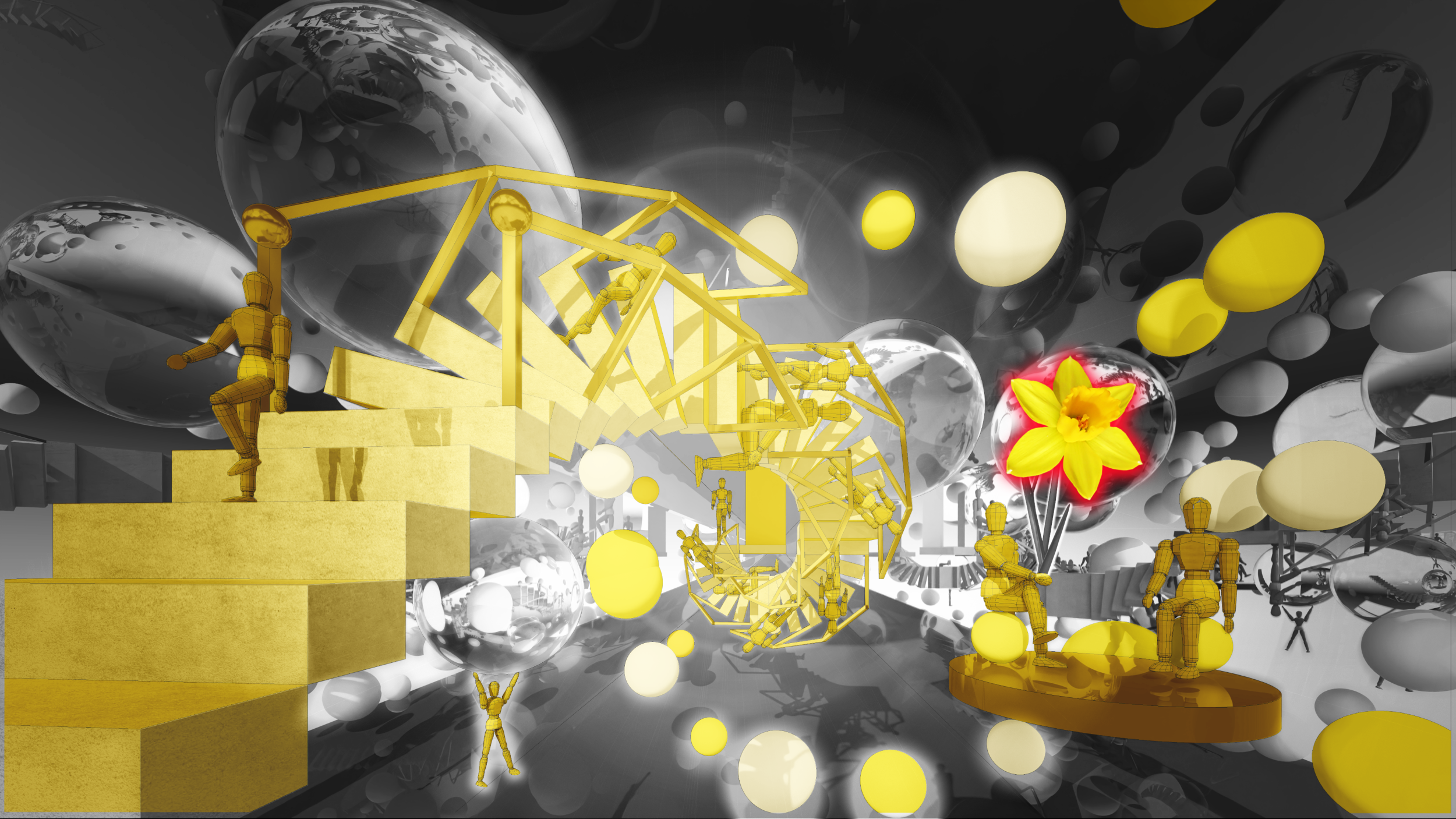 Golden stairways rise and fold into themselves, carrying silent figures through an architecture that has no end. Spheres drift like captive moons, reflecting fragments of a world that may only exist in sleep. At the center, a single yellow flower blooms — fragile yet luminous — a whisper of life daring to exist within the machinery of an endless dream.